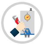 Icon depicting a hand holding a wrench near a water heater or geyser.