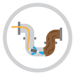 Illustration showing a clogged or blocked drain with hair and debris in the pipe, being cleared away with a drain jetting machine.