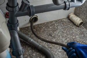 plumber using cctv camera equipment and drain snake to unblock pipe