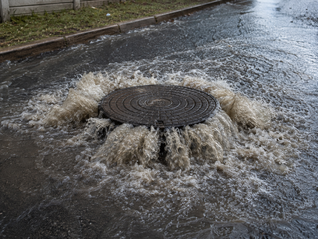 Overflowing drain causing water to spill onto a roadway due to a drainage blockage