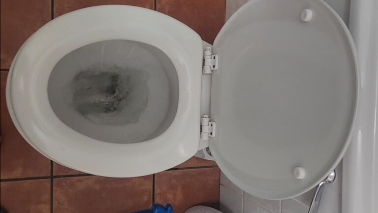 Partially blocked toilet with slow-draining water after flushing, showing a common sign of a developing toilet blockage in a residential bathroom.