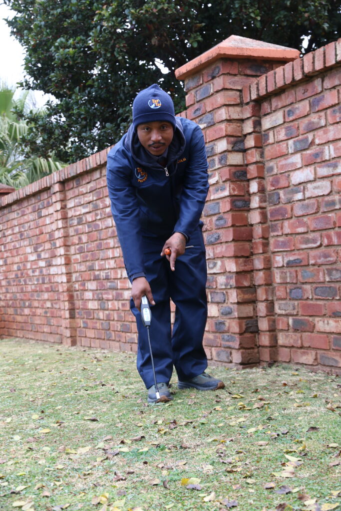 Tap Tap Plumbing technician using acoustic leak detection equipment to locate an underground water leak at a residential property in Potchefstroom.