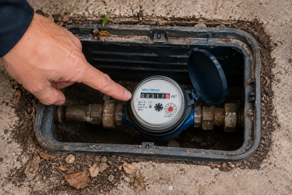 Checking a residential water meter to identify a hidden water leak causing a high water bill at a home in Potchefstroom.
