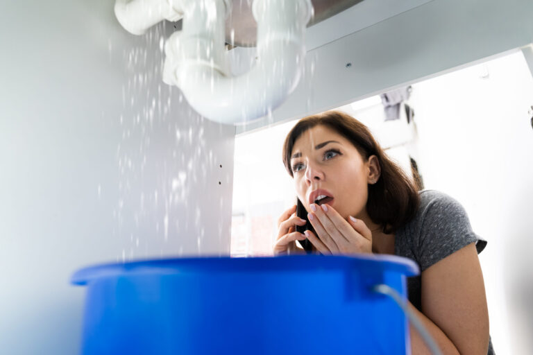 Women Doing Emergency Plumber Phone Call In Kitchen At Home
